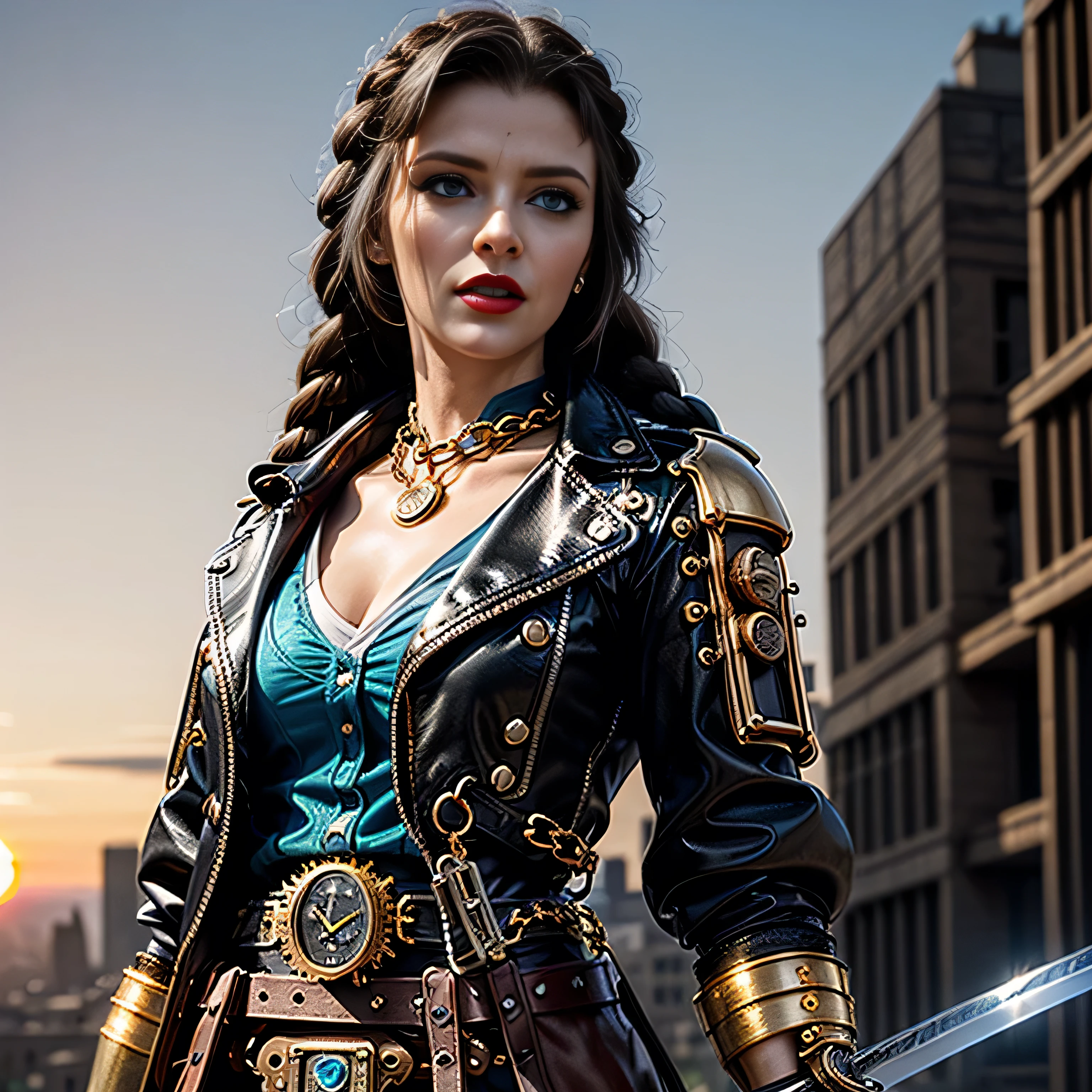 ((masterpiece, photorealistic:1.4, extremely intricate:1.3, photon mapping, radiosity, physically based rendering, ultra resolution, hyper-realistic, photorealistic:1.4, hyper-realistic, 8K)), (((athletic female assassin, long straight side braids, windy [black hair:bright ginger hair:0.7], (([flat chest:medium breasts:0.8], (serrated sword))), ((makeup:1.2, perfectchainmail, gold steampunk, black jacket, clockwork belt), red lips, bright sunlight, sunset, red silk shirt)))), outdoors, metal reflections, ((((futuristic apocalyptic city destroyed)))), professional photograph, soft focus, dramatic, award winning, cinematic lighting, volumetrics (film grain, blurry background, blurry foreground, bokeh, depth of field), BREAK, (([clear eyes:blue eyes:0.4]))
