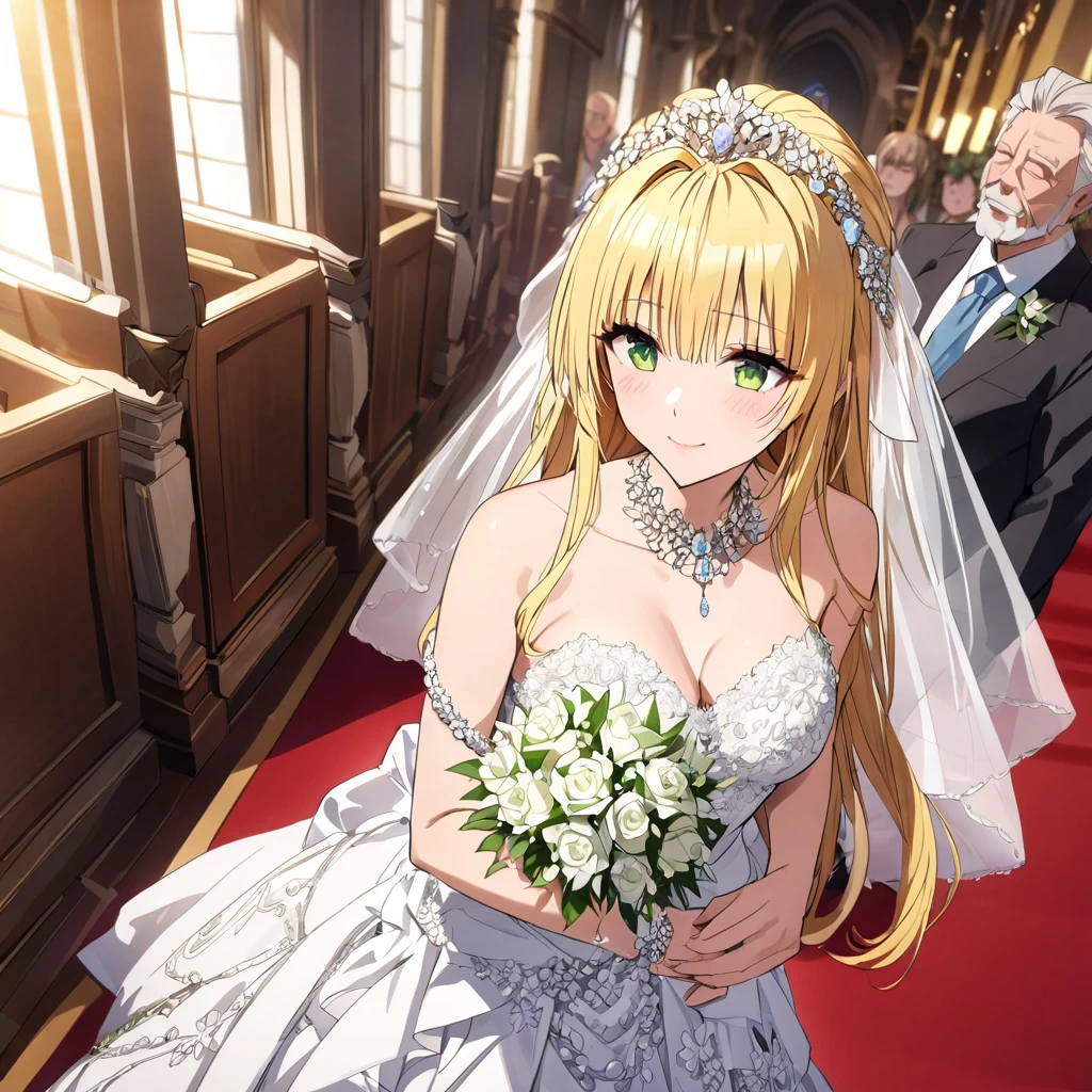 ((Highest quality)), ((masterpiece)), (detailed), （Perfect Face）、The woman is Tiare, has green eyes, medium-long blonde hair, and is wearing an engagement ring.、The woman is wearing a gorgeous, dazzlingly jeweled wedding dress, a wedding veil, a gorgeously jeweled wedding headdress chain, gorgeous, glittering accessories, and is being led by a dignified, bearded, elderly man down the red carpet aisle in a gorgeous church to hold her wedding ceremony.、The man is a dignified, bearded old man, very wealthy, dressed in luxurious clothes and wearing an engagement ring.