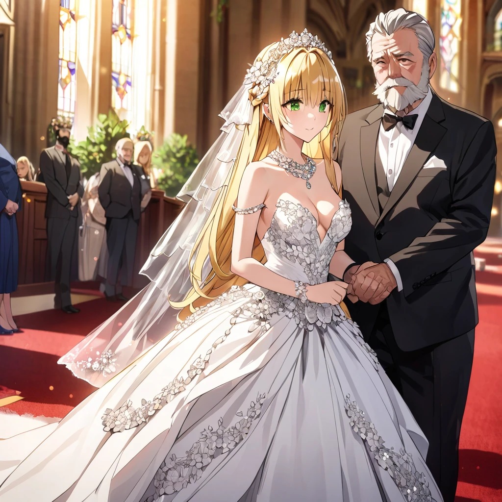 ((Highest quality)), ((masterpiece)), (detailed), （Perfect Face）、The woman is Tiare, has green eyes, medium-long blonde hair, and is wearing an engagement ring.、The woman is wearing a gorgeous, dazzlingly jeweled wedding dress, a wedding veil, a gorgeously jeweled wedding headdress chain, gorgeous, glittering accessories, and is being led by a dignified, bearded, elderly man down the red carpet aisle in a gorgeous church to hold her wedding ceremony.、The man is a dignified, bearded old man, very wealthy, dressed in luxurious clothes and wearing an engagement ring.