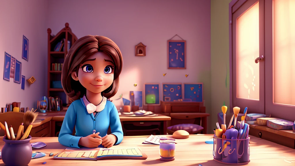 Muslim 24 years old girl, learning English in her beautiful well-lightened room on her desk, alone in her room, brown hair, hair bobbles, wince, longeyelashes, solid circle eyes, light smile, ear blush, ccurate, best quality Muslim girl, drop shadow, neon color, tachi-e, pov, atmospheric perspective, Color Field painting, Pixar, depth of field, film grain, 8k, super detail, 4K