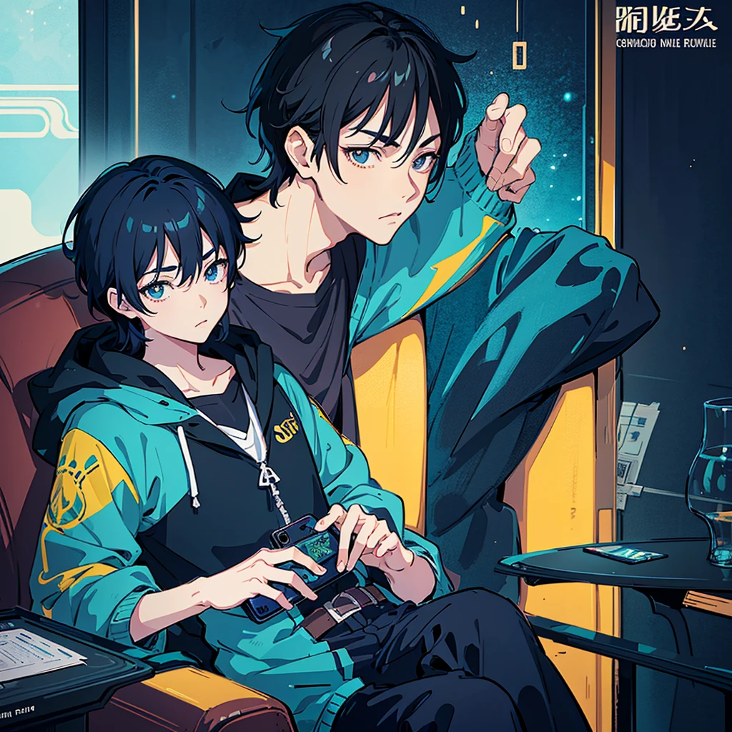 there is a boy sitting on a couch with a cell phone, digital anime illustration, anime boy, artwork in the style of guweiz, looking at his phone, in an anime style, in anime style, anime lover, high quality anime artstyle, anime picture, today's featured anime still, guweiz, high quality fanart, anime artstyle