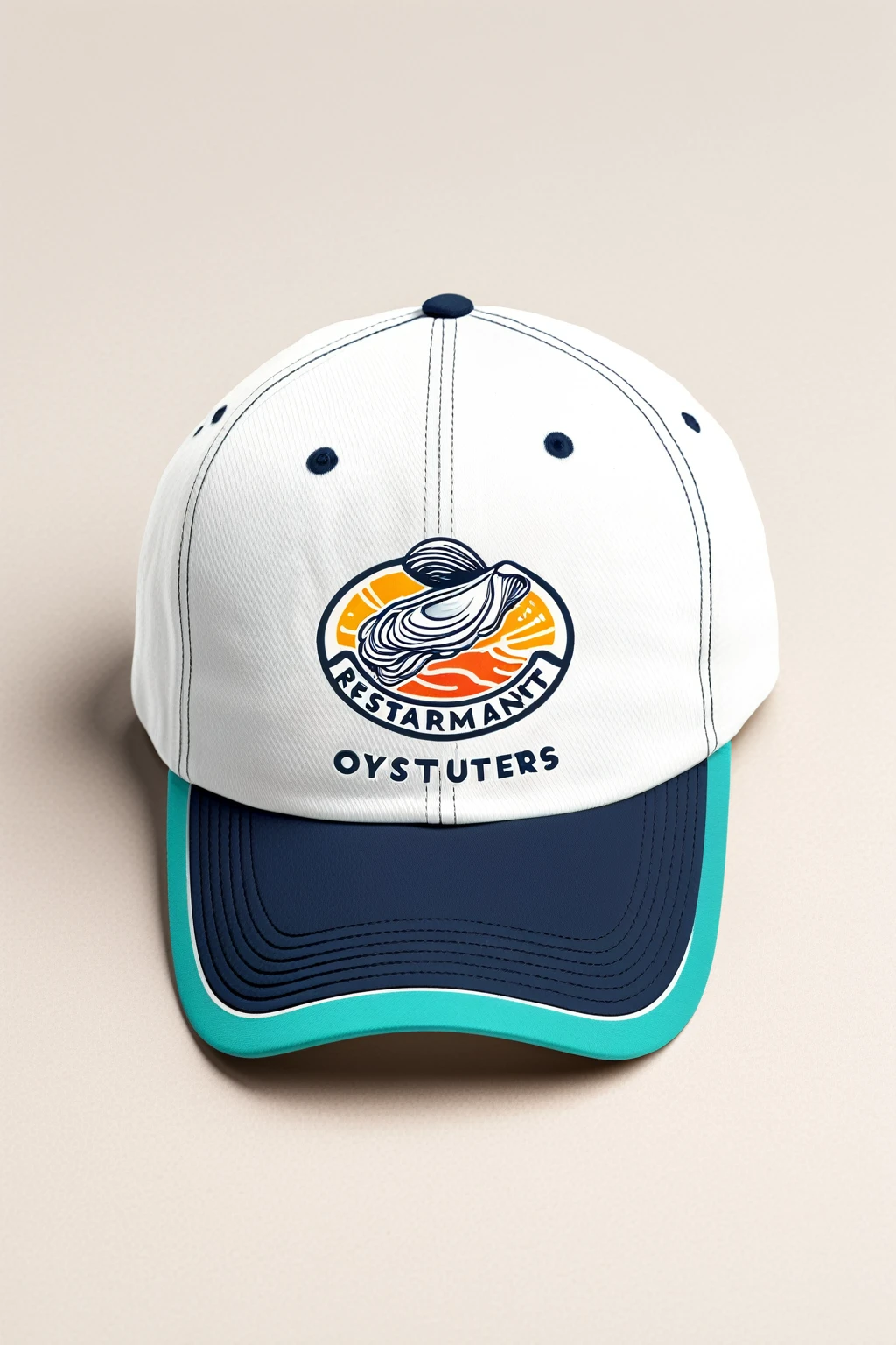 oyster restaurant logo, printed on cap, the logo represents an oyster, simple logo with 3 color palette , nice color combination, the logo is classic simple and chic, the logo can be easily printed on caps or polo shirts. the logo inspires confidence and makes you want to taste oysters,