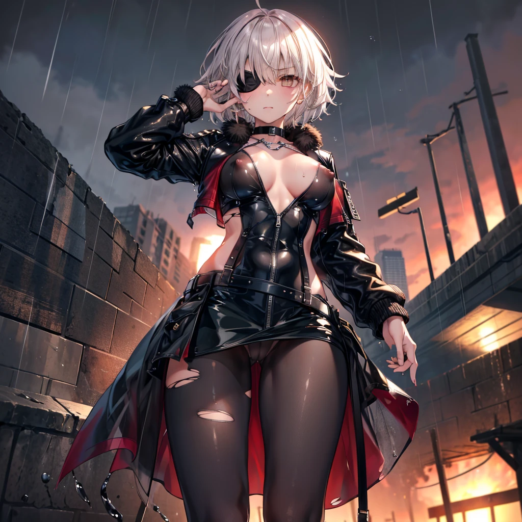 ((Highest quality)), ((masterpiece)), ((detailed)), (4K), (nsfw), 1girl, 独奏, (eyepatch), short hair, crop top, leather jacket, Torn miniskirt, suspender skirt, torn pantyhose, torn panties, panties under pantyhose, choker, bracelet, erect nipples, (rain), ((wet)), see through, (expressionless), scowl, (from below), (looking down), looking at viewer, (open legs), wasteland, town