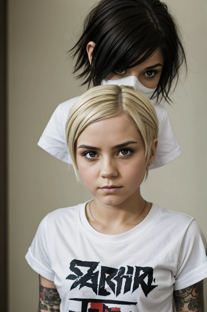 I want a girl with short hair, short stature and white shirt wearing a Slipknot band shirt, with a serious face.