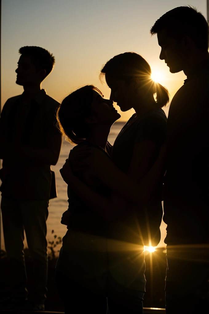 Silhouette of son hugging his parents
