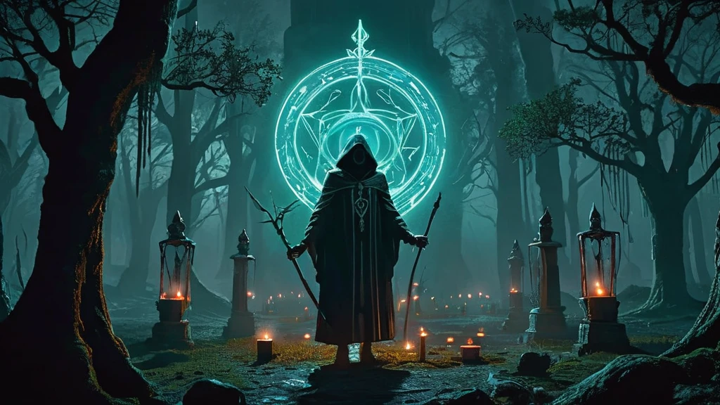 cult leader in a dark, medieval fantasy forest, surrounded by devoted followers and mysterious rituals.

The setting is a secluded grove deep within the ancient forest, where towering trees obscure the sky and roots twist like serpents across the forest floor. Moonlight filters through the dense canopy, casting a dim, ethereal glow on the scene below.

At the heart of the grove stands the cult leader, a figure draped in elaborate robes of midnight black and deep crimson. Their face is partially obscured by a hood, revealing only glimpses of sharp, intense eyes that seem to gleam with unearthly knowledge and charisma.

Around the cult leader, a circle of devoted followers has gathered, each clad in simple, hooded garments. Some hold candles that flicker with a ghostly light, while others clutch ancient tomes or ritualistic daggers adorned with mysterious runes. Their faces are a mix of reverence and anticipation as they await the leader's command.

In the center of the clearing, a stone altar stands, its surface etched with arcane symbols and stained with offerings. Nearby, torches cast dancing shadows that seem to whisper secrets to those who dare to listen.

Capture the eerie atmosphere of this dark medieval fantasy scene, emphasizing the cult leader's magnetic presence and the air of mystery and foreboding that permeates the forest grove. The image should evoke a sense of ancient rituals, forbidden knowledge, and the potent allure of darkness in this mystical setting.