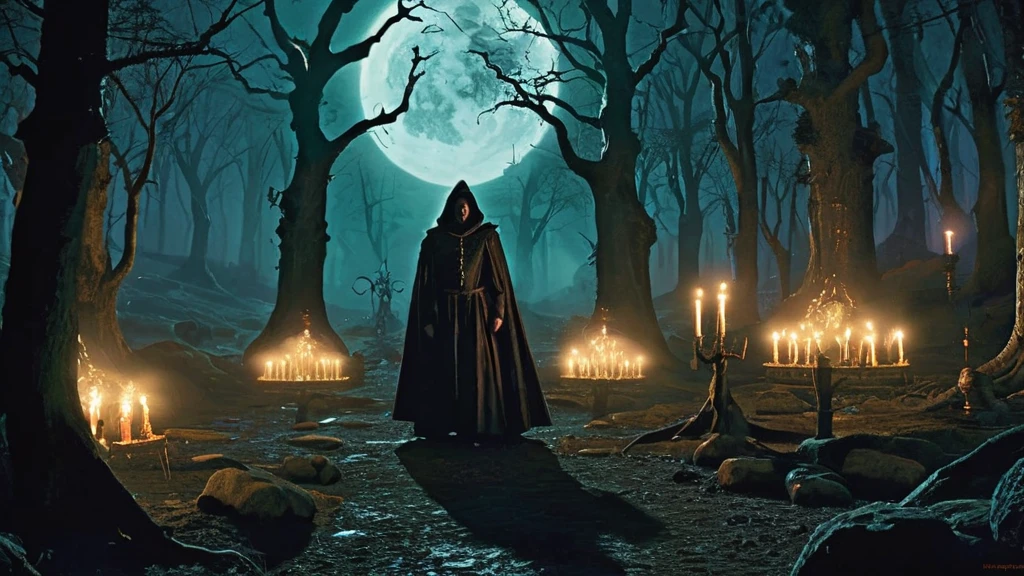 cult leader in a dark, medieval fantasy forest, surrounded by devoted followers and mysterious rituals.
The setting is a secluded grove deep within the ancient forest, where towering trees obscure the sky and roots twist like serpents across the forest floor. Moonlight filters through the dense canopy, casting a dim, ethereal glow on the scene below.
At the heart of the grove stands the cult leader, a figure draped in elaborate robes of midnight black and deep crimson. Their face is partially obscured by a hood, revealing only glimpses of sharp, intense eyes that seem to gleam with unearthly knowledge and charisma.
Around the cult leader, a circle of devoted followers has gathered, each clad in simple, hooded garments. Some hold candles that flicker with a ghostly light, while others clutch ancient tomes or ritualistic daggers adorned with mysterious runes. Their faces are a mix of reverence and anticipation as they await the leader's command.
In the center of the clearing, a stone altar stands, its surface etched with arcane symbols and stained with offerings. Nearby, torches cast dancing shadows that seem to whisper secrets to those who dare to listen.
Capture the eerie atmosphere of this dark medieval fantasy scene, emphasizing the cult leader's magnetic presence and the air of mystery and foreboding that permeates the forest grove. The image should evoke a sense of ancient rituals, forbidden knowledge, and the potent allure of darkness in this mystical setting.