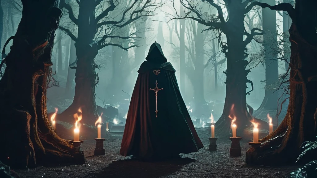 cult leader in a dark, medieval fantasy forest, surrounded by devoted followers and mysterious rituals.

The setting is a secluded grove deep within the ancient forest, where towering trees obscure the sky and roots twist like serpents across the forest floor. Moonlight filters through the dense canopy, casting a dim, ethereal glow on the scene below.

At the heart of the grove stands the cult leader, a figure draped in elaborate robes of midnight black and deep crimson. Their face is partially obscured by a hood, revealing only glimpses of sharp, intense eyes that seem to gleam with unearthly knowledge and charisma.

Around the cult leader, a circle of devoted followers has gathered, each clad in simple, hooded garments. Some hold candles that flicker with a ghostly light, while others clutch ancient tomes or ritualistic daggers adorned with mysterious runes. Their faces are a mix of reverence and anticipation as they await the leader's command.

In the center of the clearing, a stone altar stands, its surface etched with arcane symbols and stained with offerings. Nearby, torches cast dancing shadows that seem to whisper secrets to those who dare to listen.

Capture the eerie atmosphere of this dark medieval fantasy scene, emphasizing the cult leader's magnetic presence and the air of mystery and foreboding that permeates the forest grove. The image should evoke a sense of ancient rituals, forbidden knowledge, and the potent allure of darkness in this mystical setting.