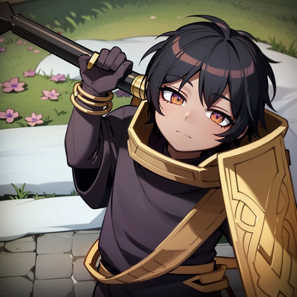 Full body, solo, brownskin boy in armor, black armor with engraved, brown eyes, Black hair, white cape with black fur collar, 1boy, spear in background, spear, violet sea of ​​flowers, violet ​​flowers, sleeping under a tree, night, 8k