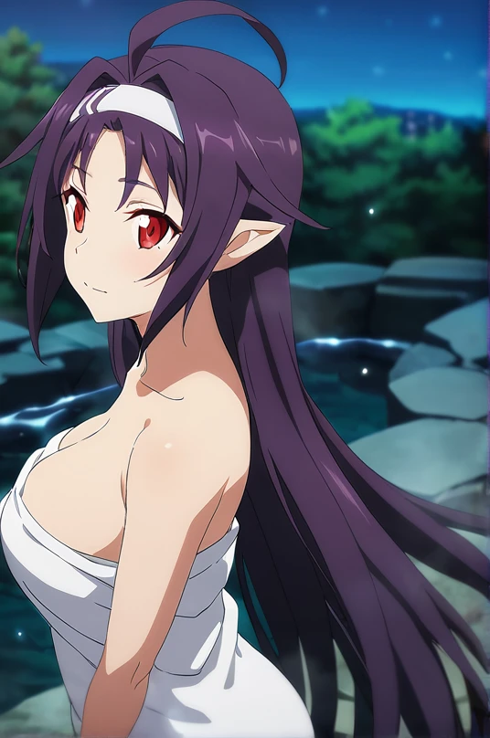 dsyuuki, purple hair, long hair, ahoge, red eyes, pointy ears, hairband, big breasts, naked towel, 1girl, solo, BREAK onsen, water, outdoors, night sky, depth of field, cinematic, game cg, anime screencap, official art, masterpiece, best quality,