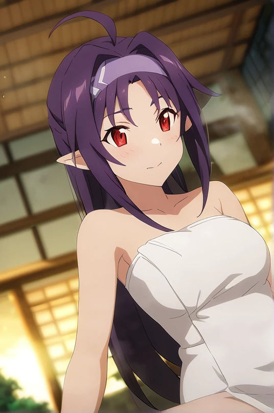 dsyuuki, purple hair, long hair, ahoge, red eyes, pointy ears, hairband, big breasts, naked towel, 1girl, solo, BREAK onsen, water, outdoors, night sky, depth of field, cinematic, game cg, anime screencap, official art, masterpiece, best quality,