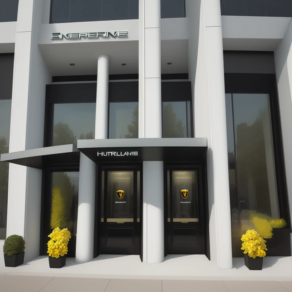 "Create a detailed image of the entrance to a Lamborghini dealership. The entrance should feature a sleek, modern architectural design with large glass doors and a prominent Lamborghini logo above them. The exterior should include clean lines, stylish lighting, and high-end materials like metal and glass. In front of the entrance, display a few Lamborghini cars in vibrant colors like yellow, red, and green. The scene should convey luxury, exclusivity, and sophistication, with a clear view of the dealership's name and branding."