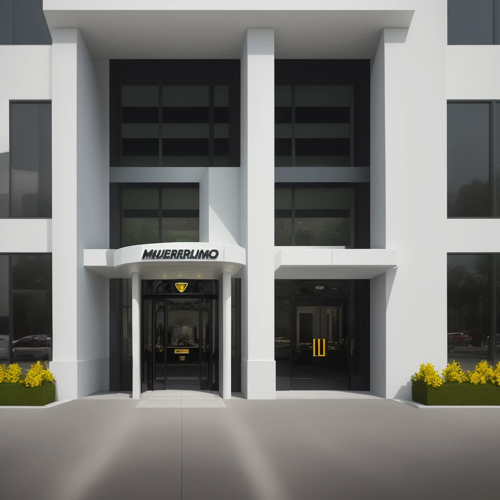 "Create a detailed image of the entrance to a Lamborghini dealership. The entrance should feature a sleek, modern architectural design with large glass doors and a prominent Lamborghini logo above them. The exterior should include clean lines, stylish lighting, and high-end materials like metal and glass. In front of the entrance, display a few Lamborghini cars in vibrant colors like yellow, red, and green. The scene should convey luxury, exclusivity, and sophistication, with a clear view of the dealership's name and branding."