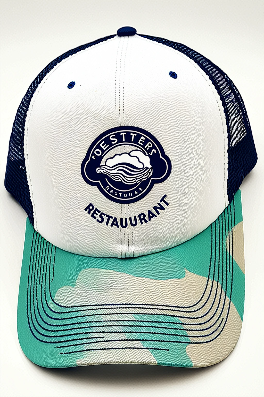 oyster restaurant logo, printed on trucker cap, the logo represents an oyster, simple logo with 3 color palette , nice color combination, the logo is classic simple and chic, the logo can be easily printed on caps or polo shirts. the logo inspires confidence and makes you want to taste oysters,