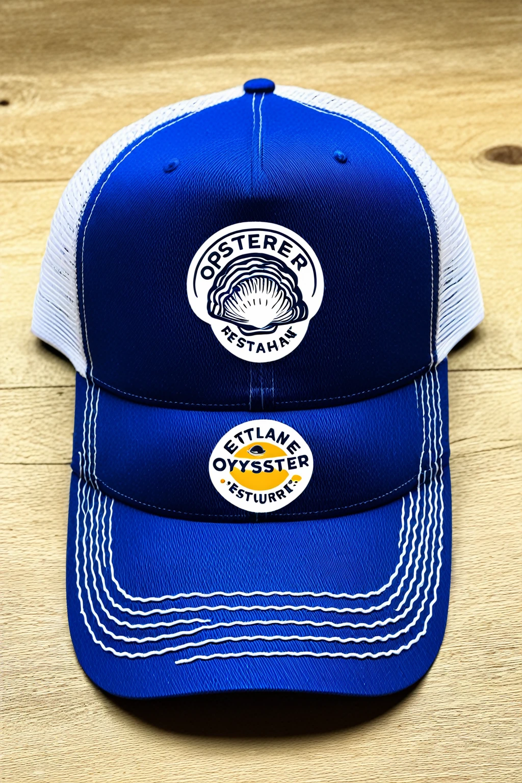oyster restaurant logo, printed on trucker cap, the logo represents an oyster, simple logo with 3 color palette , nice color combination, the logo is classic simple and chic, the logo can be easily printed on caps or polo shirts. the logo inspires confidence and makes you want to taste oysters,