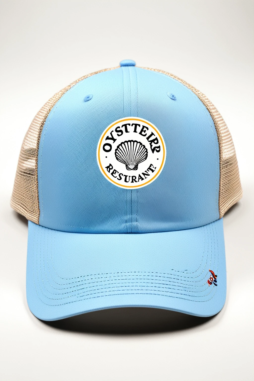 oyster restaurant logo, printed on trucker cap, the logo represents an oyster, simple logo with 3 color palette , nice color combination, the logo is classic simple and chic, the logo can be easily printed on caps or polo shirts. the logo inspires confidence and makes you want to taste oysters,