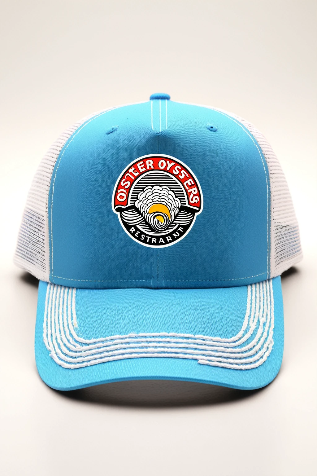 oyster restaurant logo, printed on trucker cap, the logo represents an oyster, simple logo with 3 color palette , nice color combination, the logo is classic simple and chic, the logo can be easily printed on caps or polo shirts. the logo inspires confidence and makes you want to taste oysters,
