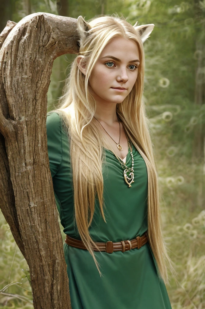 Hyperrealistic face of a 20-year-old girl. Very long, straight blonde hair waving in the wind. White and radiant skin. Tender yellow eyes. long and thick eyelashes. Thick eyebrows. Forest green dress with a Celtic symbol necklace around her neck. Over her neck he has a mask of a wolf skull with deer antlers.