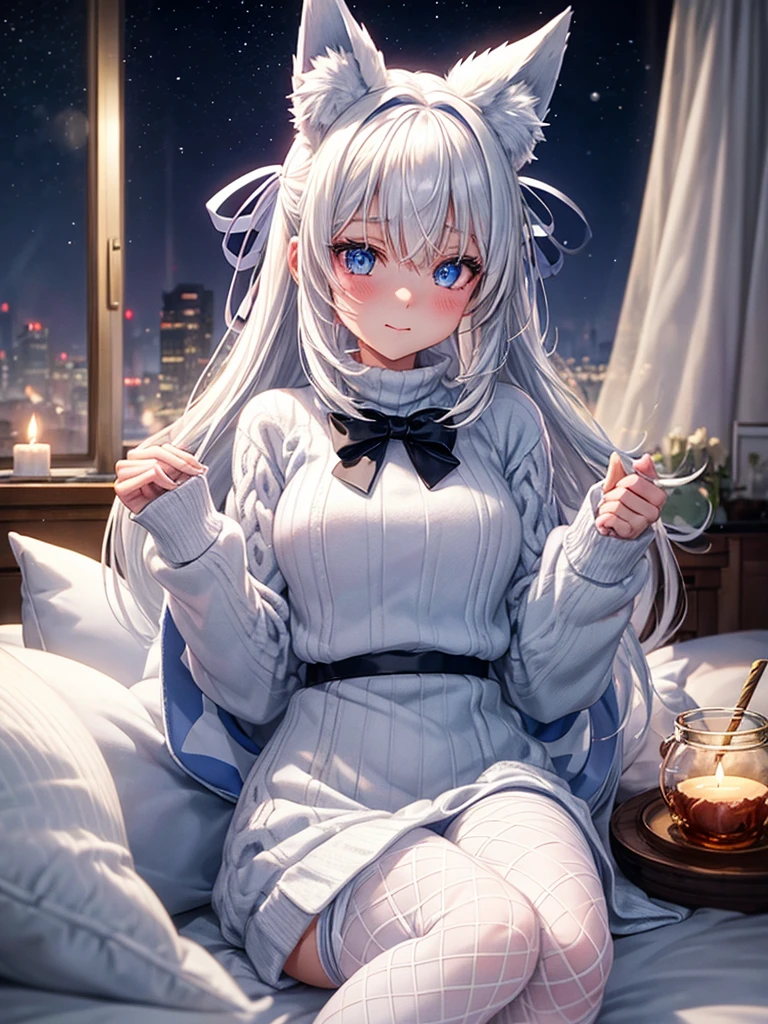 Anime, 1girl, white hair, blue eyes, glowing eyes, fishnet leggings, white winter sweater, mini-skirt, slight smile, blush, cozy house, fireplace, kitsune girl, fox plush, nine tailed girl, white neck bow, fox ears, black tight leggings, blue glowing, bedroom, backside view, pillows, hot cocoa, candy cane, lit candles, snowflake patterned blanket,