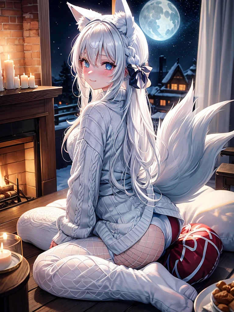 Anime, 1girl, white hair, blue eyes, glowing eyes, fishnet leggings, white winter sweater, mini-skirt, slight smile, blush, cozy house, fireplace, kitsune girl, fox plush, nine tailed girl, white neck bow, fox ears, black tight leggings, blue glowing, bedroom, backside view, pillows, hot cocoa, candy cane, lit candles, snowflake patterned blanket,