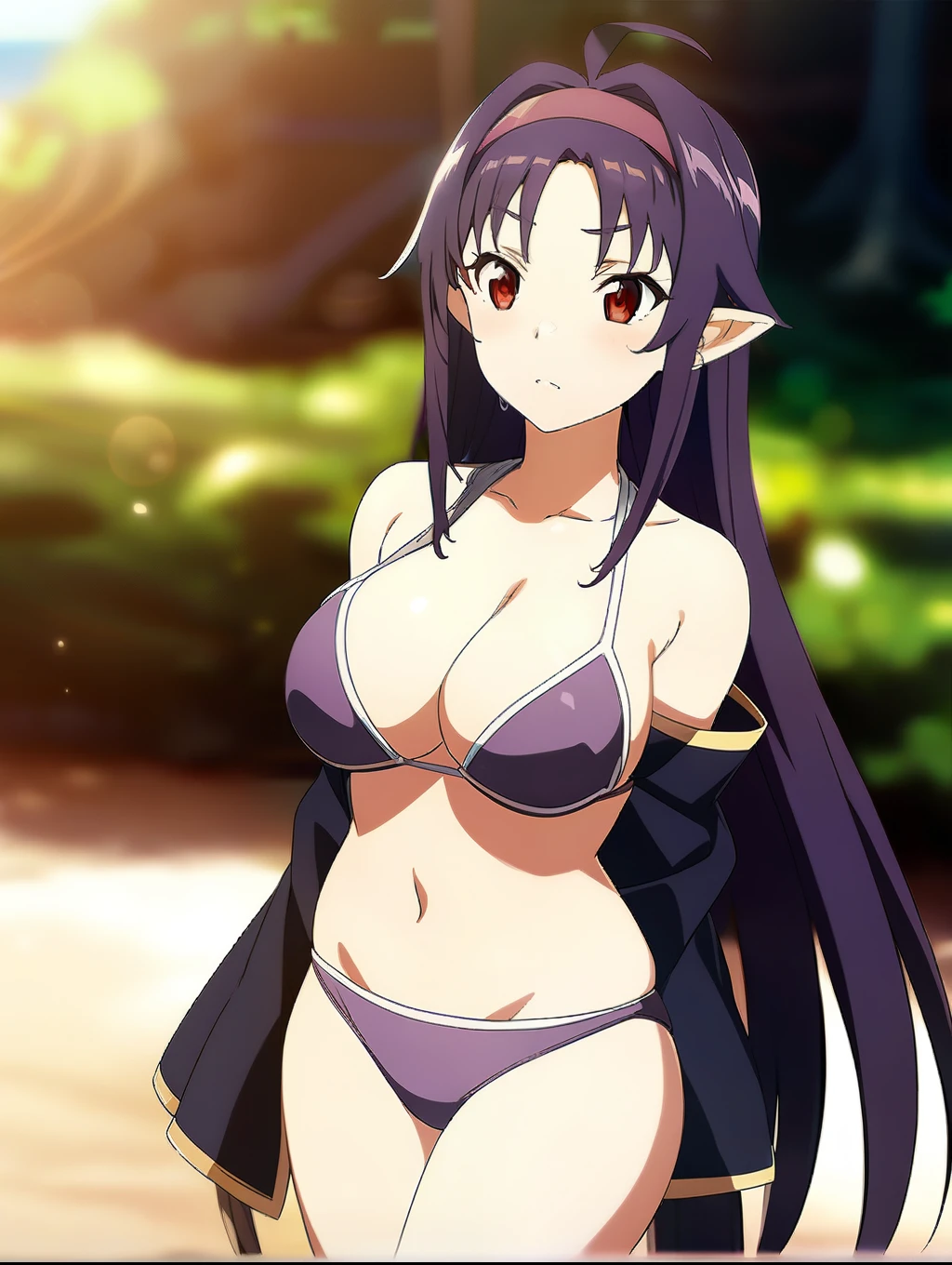 yuuki base, purple hair, long hair, ahoge, red eyes, pointy ears, hairband, bikini, detached sleeves, bikini, purple bikini, bare shoulders, 1girl, solo, big breast ,magical beach, dappled sunlight, sunset, depth of field, cinematic, game cg, anime screencap, official art, masterpiece, best quality,