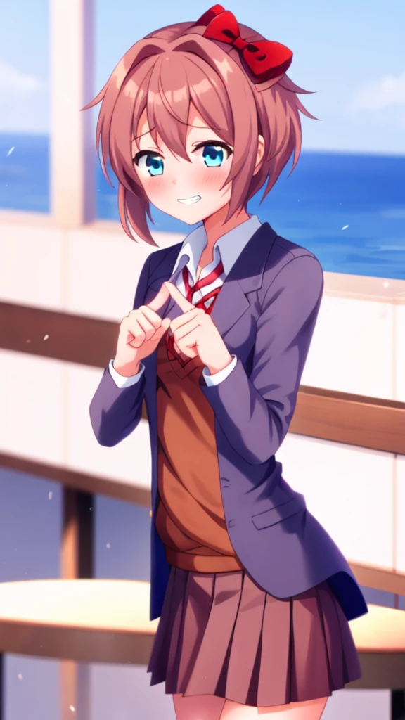 one girl, Sayori, DDLC, Doki Doki Literature Club, hair bow, school blazer, light blue eyes, index fingers together, shy, blush, smile awkwardly, feel sorry, Ehehe~, teeth, shifty eyes, girl don't look at me, girl is clumsy and make a mistake