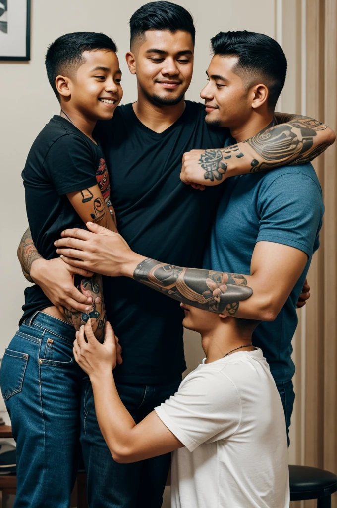 Son putting his arms on the shoulders of his father and mother. tattoo
