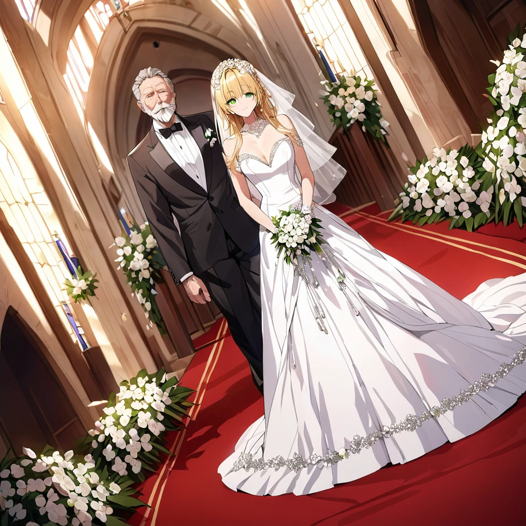 ((Highest quality)), ((masterpiece)), (detailed), （Perfect Face）、The woman is Tiare, has green eyes, medium-long blonde hair, and is wearing an engagement ring.、The woman is wearing a gorgeous, dazzlingly jeweled wedding dress, a wedding veil, a gorgeously jeweled wedding head dress chain, gorgeous jeweled earrings and other gorgeous, dazzling accessories, and is being led by a dignified, bearded, elderly man down the red carpet aisle in a gorgeous church to hold her wedding ceremony.、The man is a dignified, bearded old man, very wealthy, dressed in luxurious clothes and wearing an engagement ring.