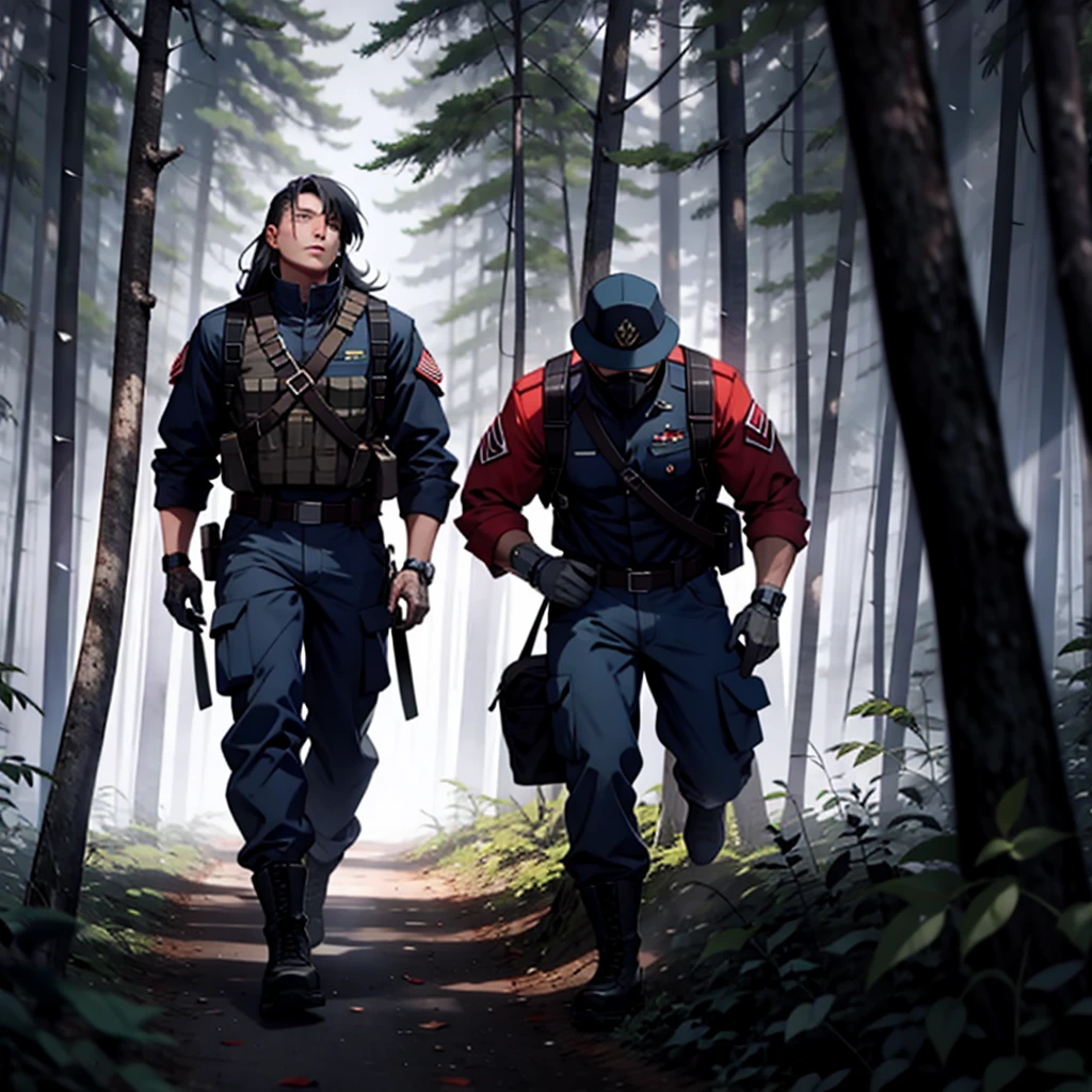 Image of a Cyborg Soldier with a very muscular body, wearing American army pants, looking at the camera walking forward, in a thicket in the forest of Vietnam, burning trees, women on their knees without any clothes crying and looking up.