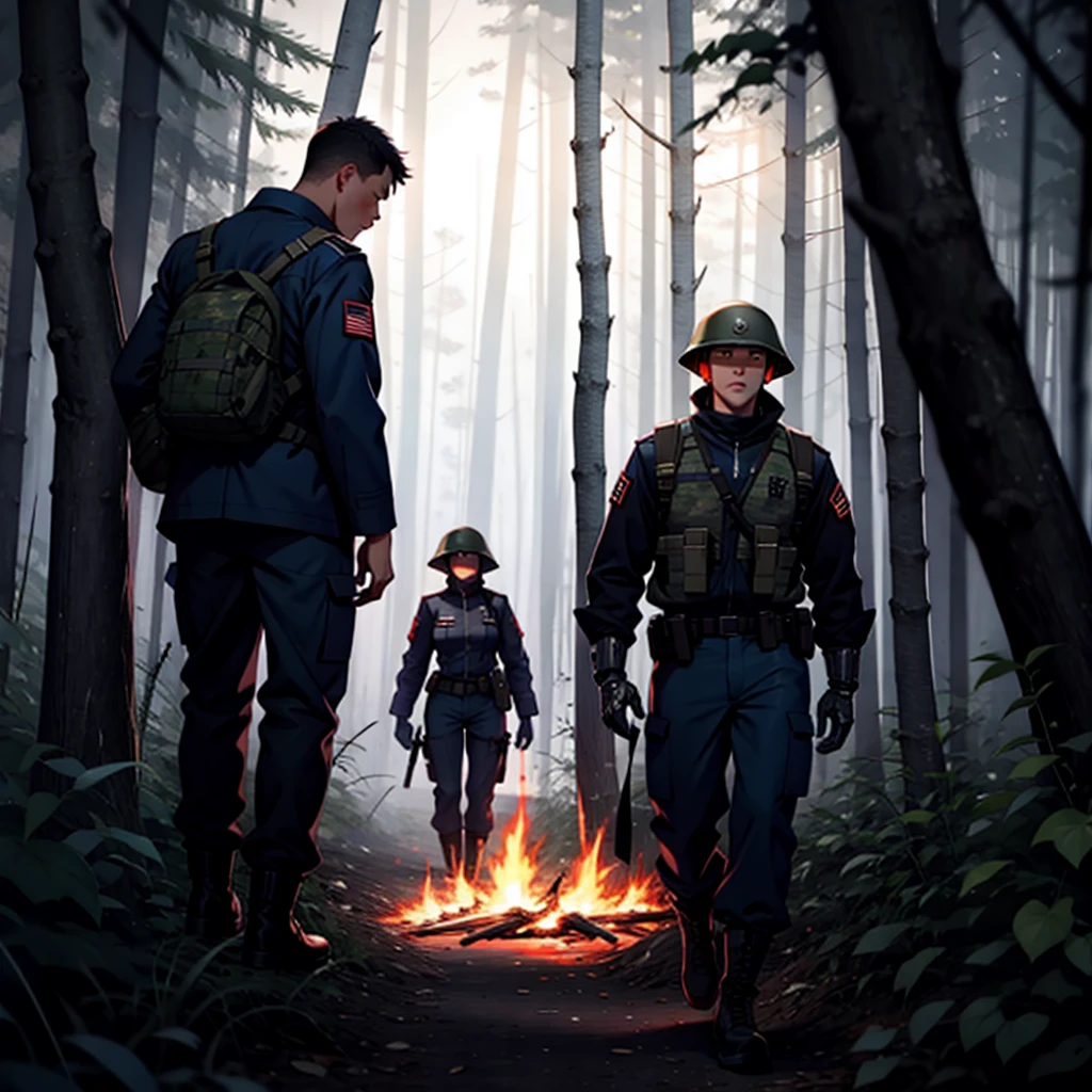 Image of a Cyborg Soldier with a very muscular body, wearing American army pants, looking at the camera walking forward, in a thicket in the forest of Vietnam, burning trees, women on their knees without any clothes crying and looking up.
