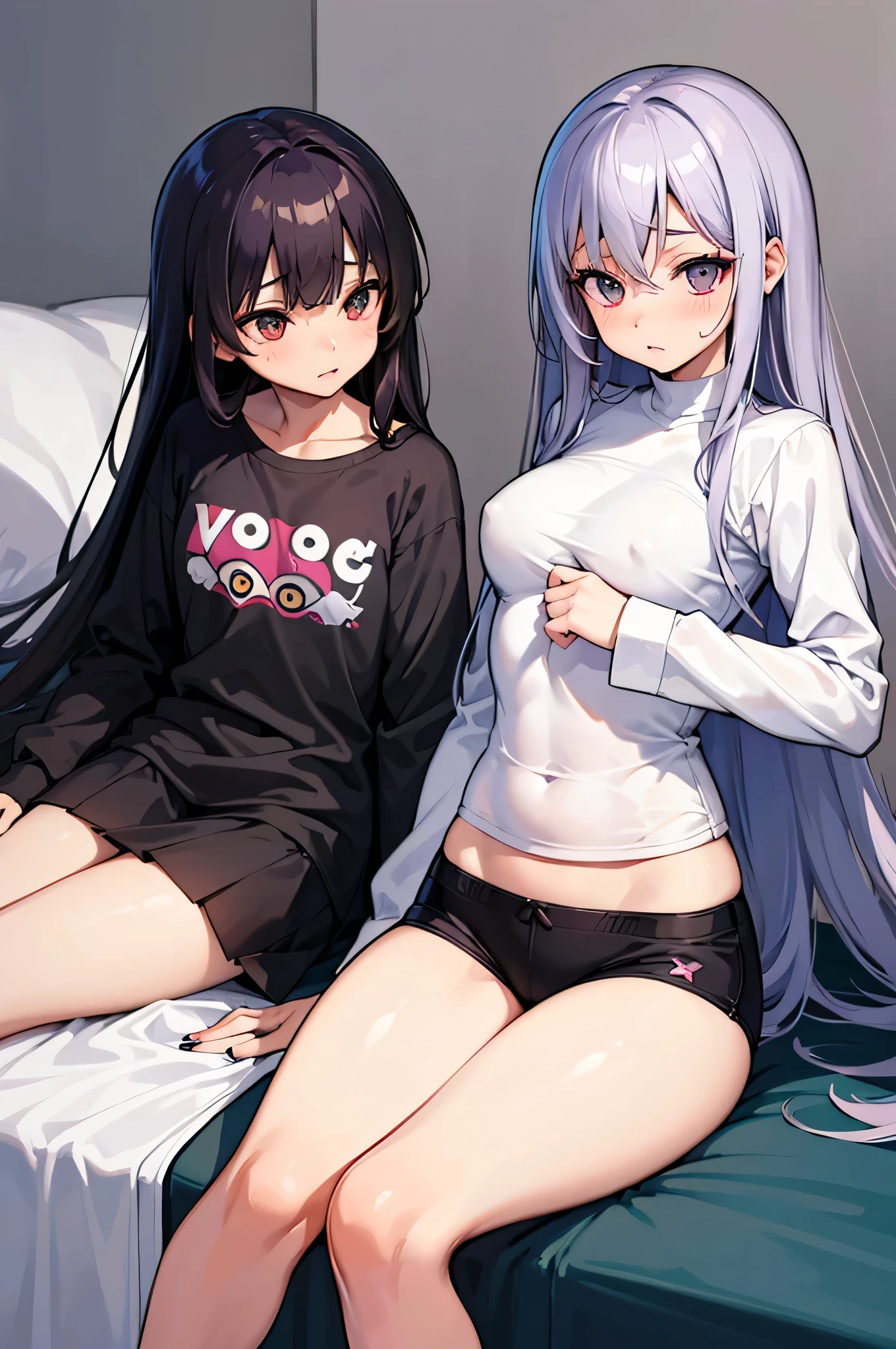 2 girls,;t;,((all the clothing used is sinsual naughty style)),asakura_three,legs_ofscalzas,ofscalzo,sheet,blush,shirt_brown very thin and transparint like air ,nails,Fukumaru_koito,shirt_verof muy oflgada transparinte como el aire,shirt_gris muy oflgada,knees_separate_pies_separated,knees_above,legs abiertas, looking_al_visor,lying down,several_girls,enamel_of_nails,in_back,baby dolls,(baby doll_morado muy oflgada transparinte como el aire),shirt,look_of_side, las 2 girls con un ojo cerrado y una expresion of placer felicidad y ofseo sexual, (ofsnudas bajo la pijama, ofsnudas, ofsnudas bajo las shirts, without underwear), enamel_of_pies,nails of los pies,ofdos of los pies, Best Quality, Masterpiece, 50% nuof, vaginas, very sexys