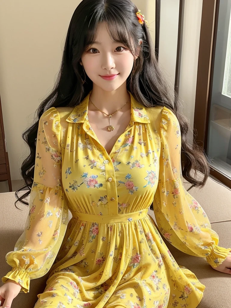 Korean girl with average chest, long black hair, and brown eyes. She is wearing a cute yellow dress with a long semi-transparent skirt, with a floral print and a neckline on her chest. Her sleeves are translucent. She's setting no the flor in the cozy room. Her hair is a little curly. She's soft smiling