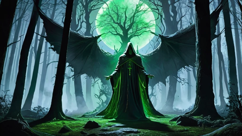 an image of a dark lycan priest in a dense, mystical forest, set in a medieval fantasy world.
The scene unfolds deep within the heart of the forest, where ancient trees loom tall and twisted, their gnarled branches reaching towards the ominous sky. Shafts of pale moonlight filter through the dense canopy, casting eerie shadows that dance across the forest floor. Wisps of mist curl around the trunks of trees, adding to the mystical atmosphere.
In the center of this enchanted grove stands the lycan priest, a figure cloaked in robes of deep crimson and black, adorned with intricate runes and symbols that shimmer faintly in the moonlight. The priest's form is hunched and imposing, with eyes that gleam with a feral intensity beneath a cowl of shadows.
Around the priest, the forest seems to stir with an otherworldly presence. Ethereal wolves, their forms translucent and ghostly, prowl silently at the edges of the clearing, their eyes fixed on the priest with reverence and fear. Ancient stone altars, weathered by time and overgrown with moss, stand scattered amidst the trees, hinting at rituals long forgotten and powers ancient and arcane.
Capture the eerie juxtaposition of darkness and mysticism in this image, conveying the lycan priest's connection to the natural world and the potent magic that surrounds him. The atmosphere should evoke a sense of ancient rituals, hidden powers, and the untamed beauty of the medieval fantasy forest setting.