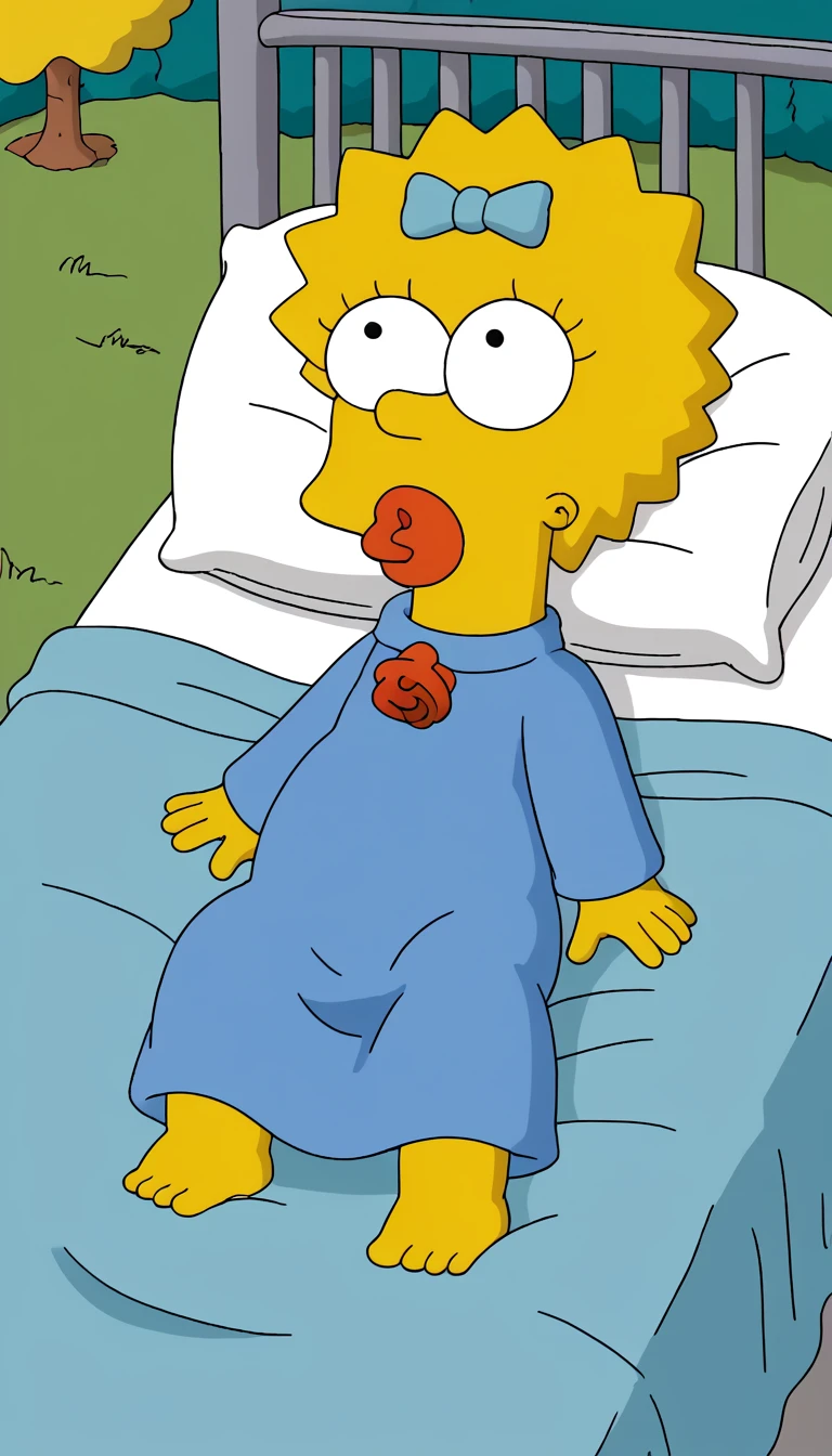 score_8, score_9, BREAK, 1 girl, solo, maggie, yellow skin,hair bow, blue dress, pacifier, outdoors, adorable, natural lighting, lies on bed, lies on back, spread pussy, Ahegao, falda levantada, sin fondo