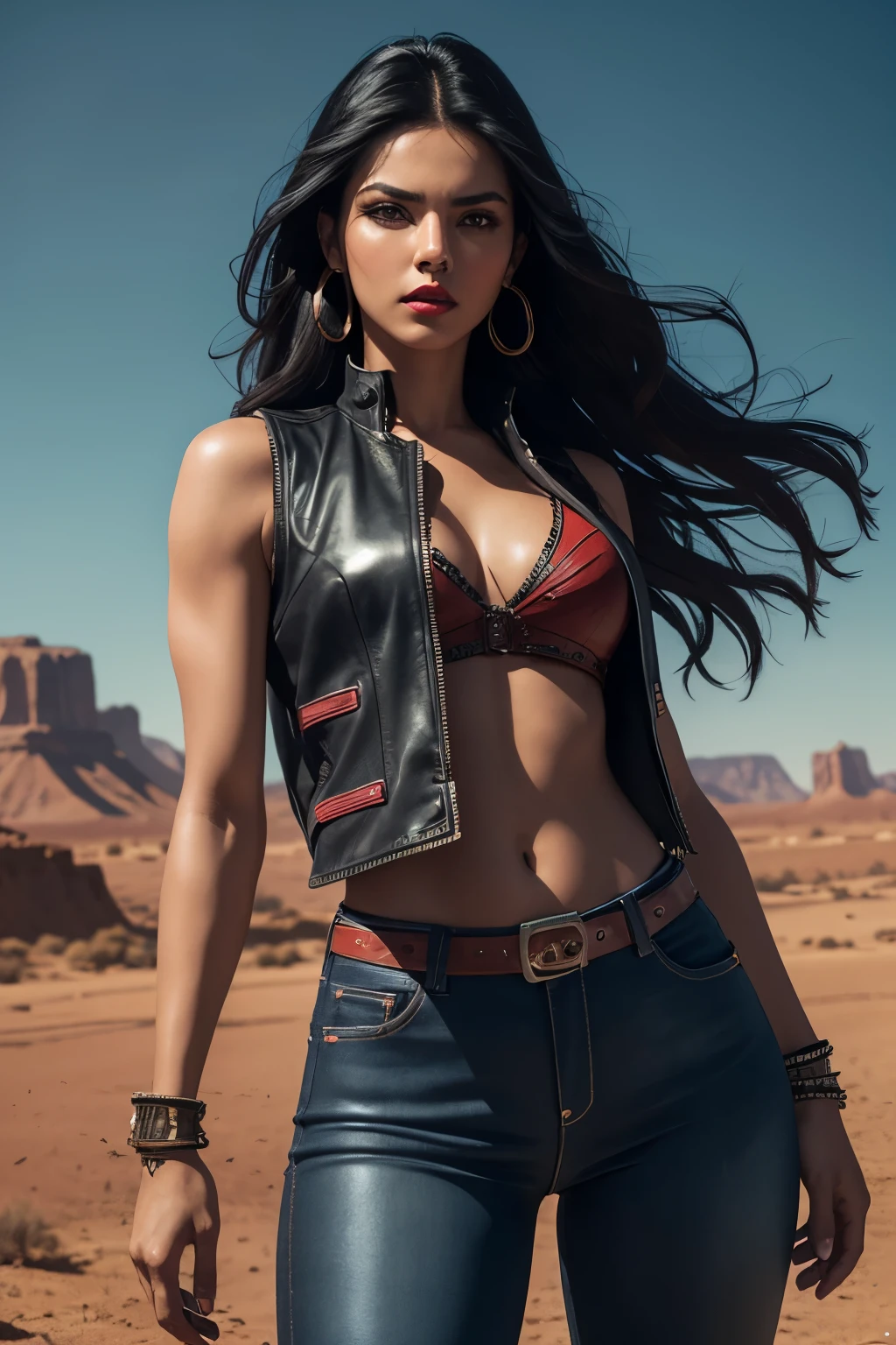 A beautiful detailed Mexican woman, young athletic female, long flowing black hair, captivating eyes, full red lips, wearing leather vest and tight blue jeans, standing in open desert landscape, dramatic lighting, photorealistic, cinematic, intricate details, vibrant colors, dynamic pose, cinematic, moody atmosphere