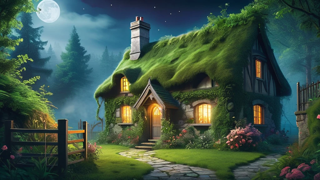 Create an evocative image of a small cottage nestled deep within a dark medieval forest. The scene is illuminated by the soft glow of moonlight filtering through ancient, gnarled trees. Moss-covered rocks and ferns carpet the forest floor, adding to the atmosphere of mystery and enchantment.
The cottage itself is weathered and quaint, with a thatched roof and crooked wooden beams. Soft tendrils of smoke curl from the chimney, hinting at a warm fire burning inside. A small, overgrown garden surrounds the cottage, with wildflowers and herbs weaving through cracked stone pathways.
In the foreground, a winding path leads to the cottage, its gravel crunching softly underfoot. Shadows dance around the edges of the clearing, creating an air of both intimacy and isolation. The setting evokes a sense of nostalgia and fairy-tale charm, yet tinged with an underlying hint of ancient magic and potential danger lurking in the shadows of the forest.