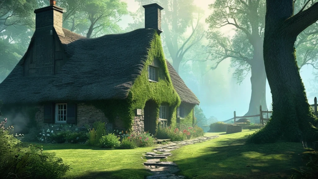 Create an evocative image of a small cottage nestled deep within a dark medieval forest. The scene is illuminated by the soft glow of moonlight filtering through ancient, gnarled trees. Moss-covered rocks and ferns carpet the forest floor, adding to the atmosphere of mystery and enchantment.
The cottage itself is weathered and quaint, with a thatched roof and crooked wooden beams. Soft tendrils of smoke curl from the chimney, hinting at a warm fire burning inside. A small, overgrown garden surrounds the cottage, with wildflowers and herbs weaving through cracked stone pathways.
In the foreground, a winding path leads to the cottage, its gravel crunching softly underfoot. Shadows dance around the edges of the clearing, creating an air of both intimacy and isolation. The setting evokes a sense of nostalgia and fairy-tale charm, yet tinged with an underlying hint of ancient magic and potential danger lurking in the shadows of the forest.