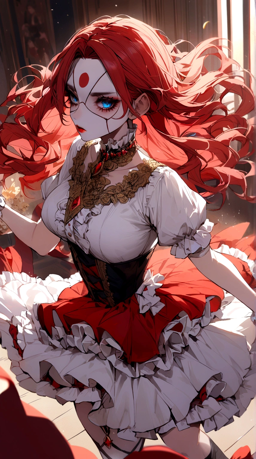 dollface, Red hair, white blouse, ruffled skirt in red, yellow and blue.