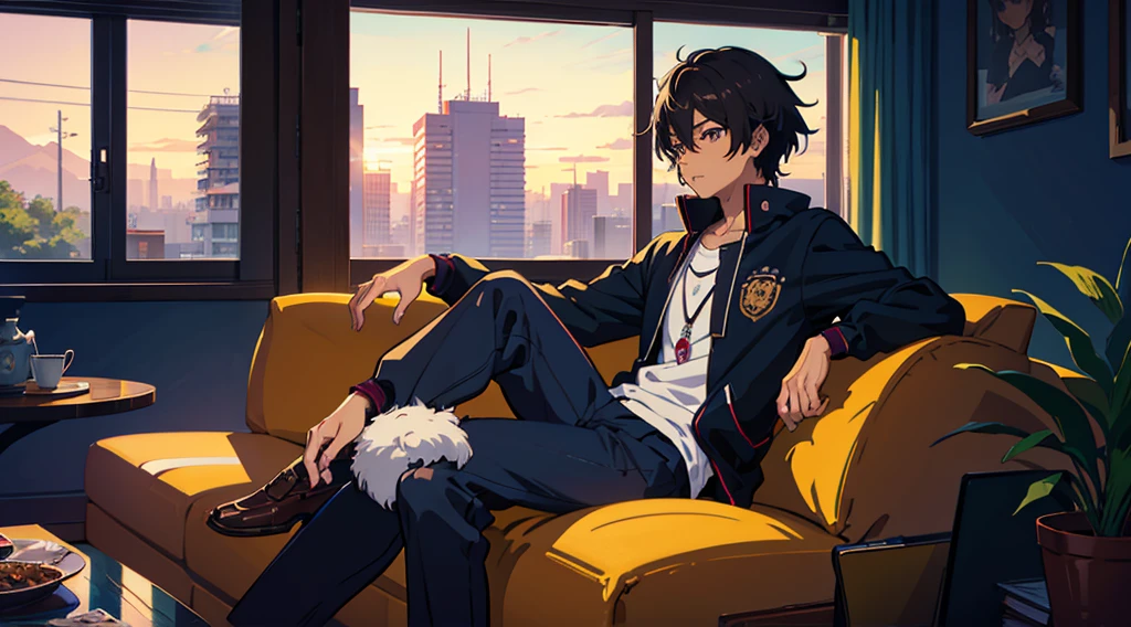 there is a brown skin boy with brown eyes sitting on a couch with a cell phone, digital anime illustration, anime boy, artwork in the style of guweiz, looking at his phone, in an anime style, in anime style, anime lover, high quality anime artstyle, anime picture, today's featured anime still, guweiz, high quality fanart, anime artstyle