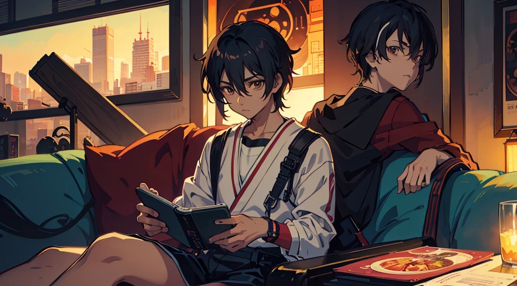 there is a brown skin boy with brown eyes sitting on a couch with a cell phone, digital anime illustration, anime boy, artwork in the style of guweiz, looking at his phone, in an anime style, in anime style, anime lover, high quality anime artstyle, anime picture, today's featured anime still, guweiz, high quality fanart, anime artstyle