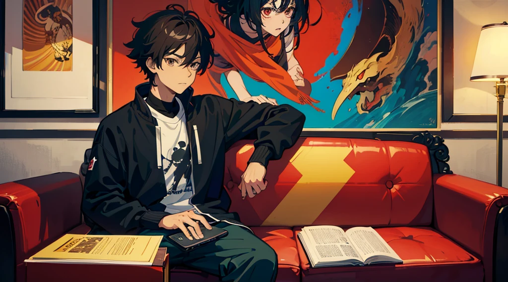 there is a brown skin boy with brown eyes sitting on a couch with a cell phone, digital anime illustration, anime boy, artwork in the style of guweiz, looking at his phone, in an anime style, in anime style, anime lover, high quality anime artstyle, anime picture, today's featured anime still, guweiz, high quality fanart, anime artstyle