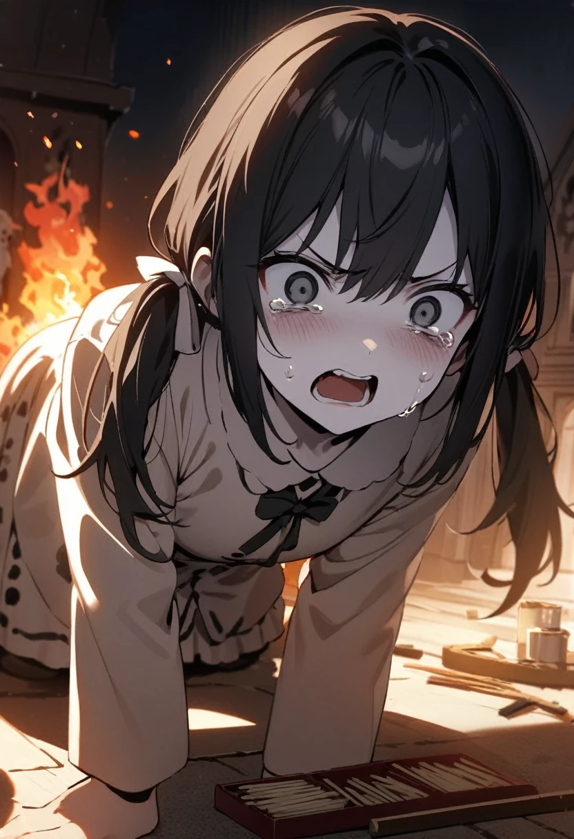 cover page, highres, paid reward available, unparalleled masterpiece, terrifying tale, Hansel and Gretel perfect anatomy, good lighting, volumetric lighting, cinematic shadow, , long black hair, two pigtails, pale skin, angry expression on her face, her teary eyes full of fury reflect the image of a church on fire, next to her there is a gallon of gasoline and a box of matches, night background, winter, the girl has charcoal stains on her white pajamas. tears run down her cheeks