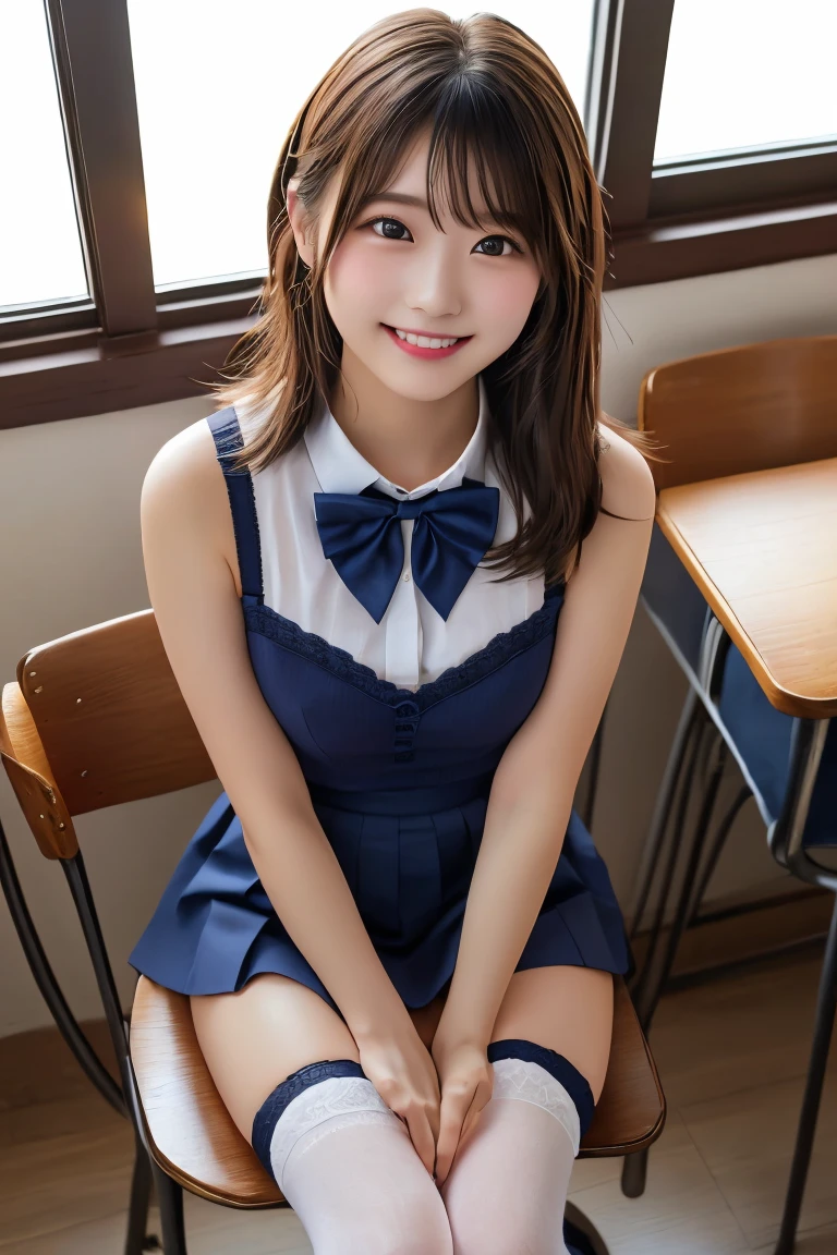 Highest quality, (beautiful)、Brown Hair、Collarless bow tie、Close-up、smile、Big 、Shoot from above、Navy Blue Skirt、Black knee socks、School、Sit on a chair、lingerie