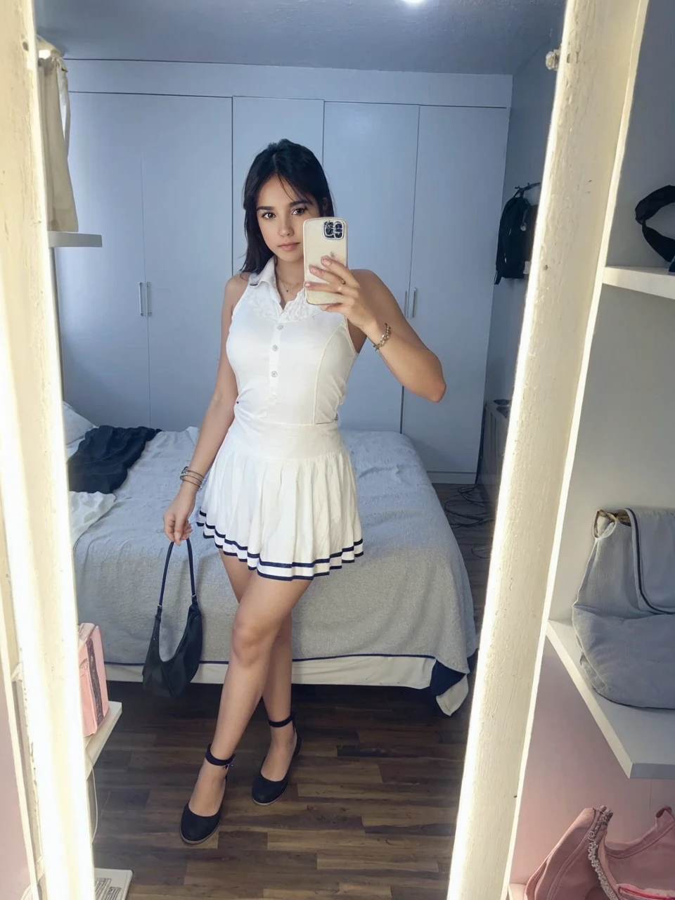  young 18 year old girl  cabello en cola de caballo short y tenis converse 