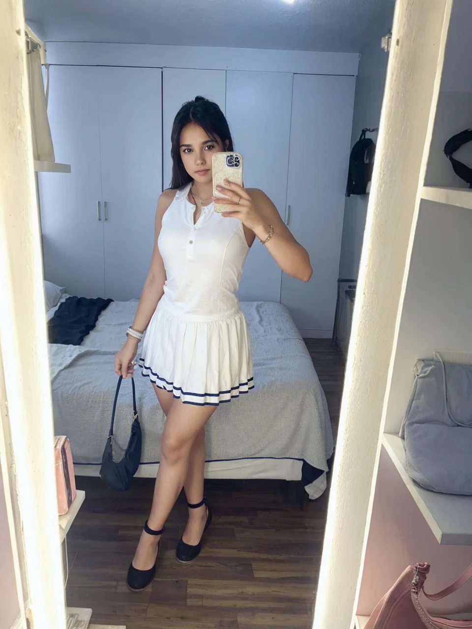  young 18 year old girl  cabello en cola de caballo short y tenis converse 