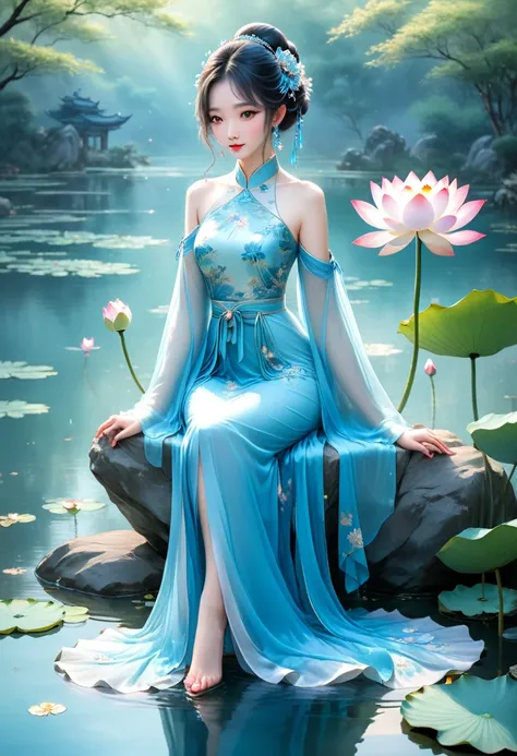 there is a blue dress, long legs, a woman sitting on a rock in the water, standing elegantly on a lotus flower, ethereal beauty,...