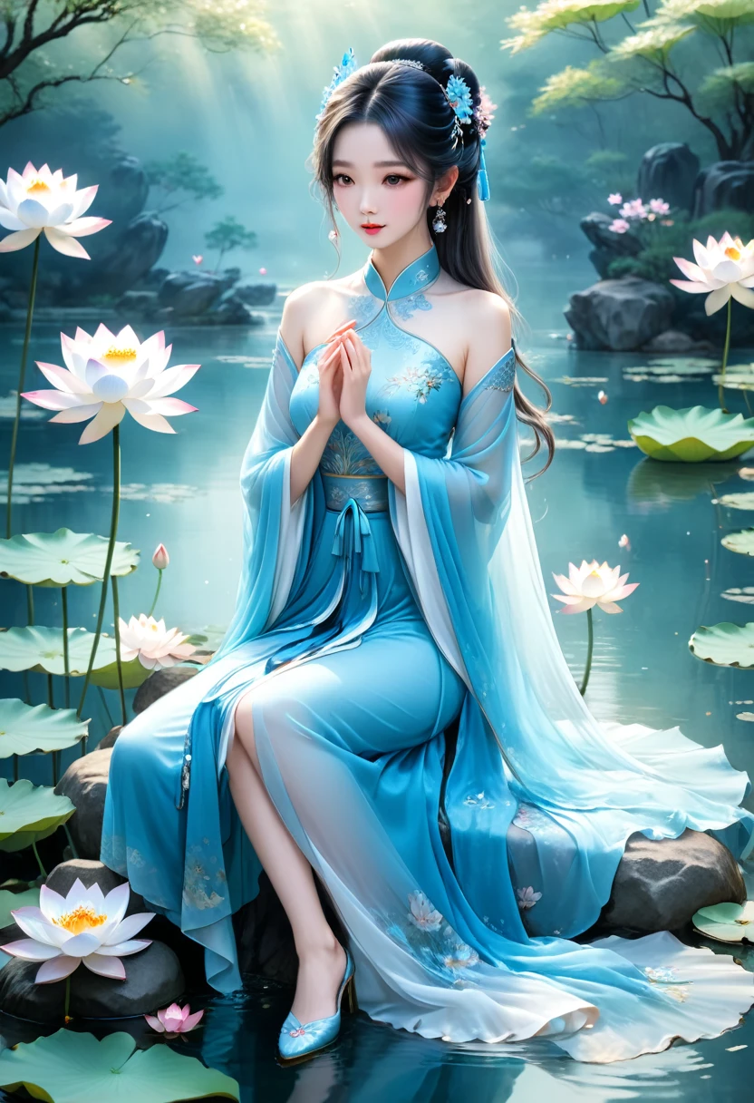 There is a blue dress, long legs, a woman sitting on a rock in the water, standing elegantly on a lotus flower, ethereal beauty, wearing a blue cheongsam, court, a girl in Hanfu, wearing a blue cheongsam, full of fairy Xia, in the pond, white Hanfu, a stunning young ethereal figure, flowing dress, light blue, hair behind ear  