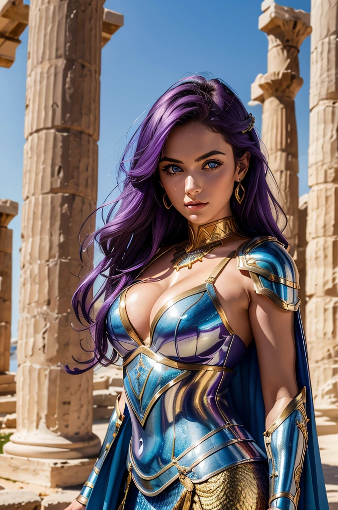 one woman, 25 year old, Greek goddness, purple hairs, blue eyes, greece, ancien temple, perfect bosy, masterclass, HD, 8k, wearing an armor, gold armor, armure cisellée, fish armor, scales, design, white cape, dark enegy aura, in an ancient greek temple in ruins