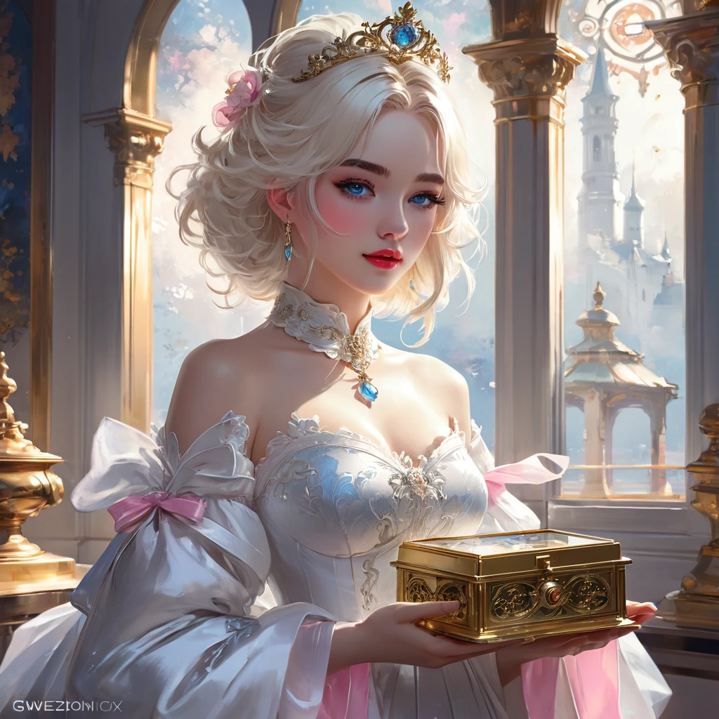 there is a woman in a white dress holding a Music Box, artwork in the style of guweiz, guweiz on pixiv artstation, guweiz on artstation pixiv, guweiz, fantasy art style, guweiz masterpiece, beautiful and elegant queen, beautiful character painting, detailed digital anime art, blonde - haired princess, White hair, sky blue eyes, pink lips