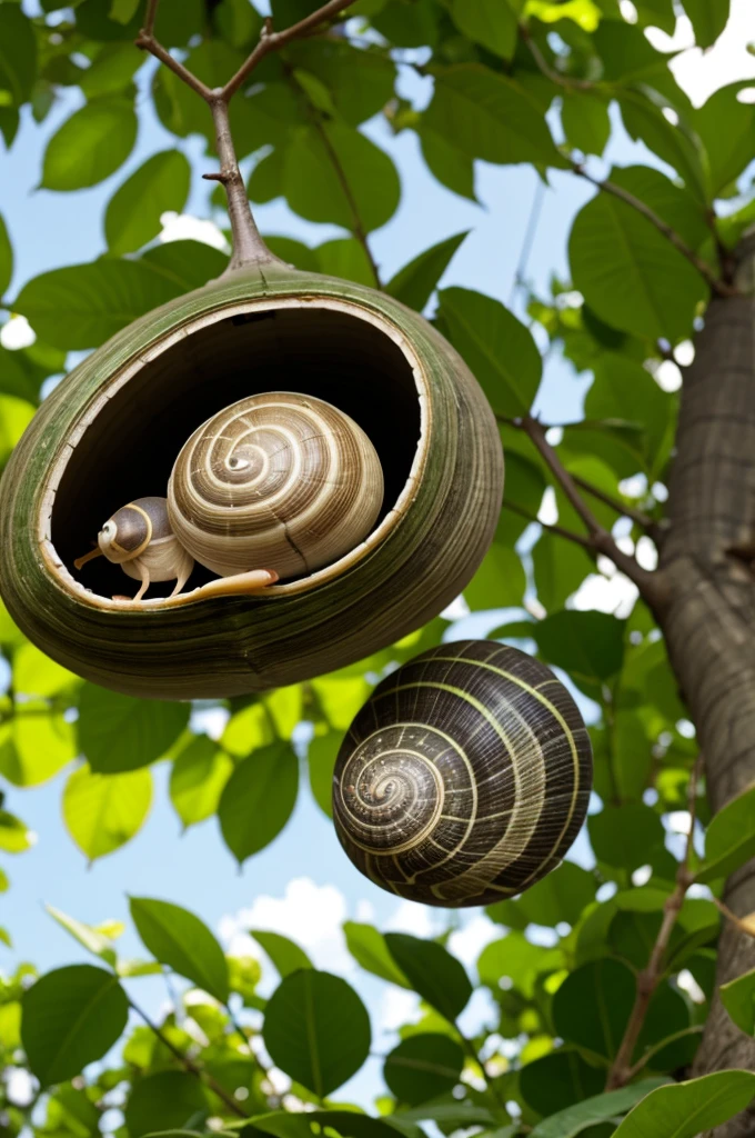 Pepito the snail in his shell house under a big green tree.